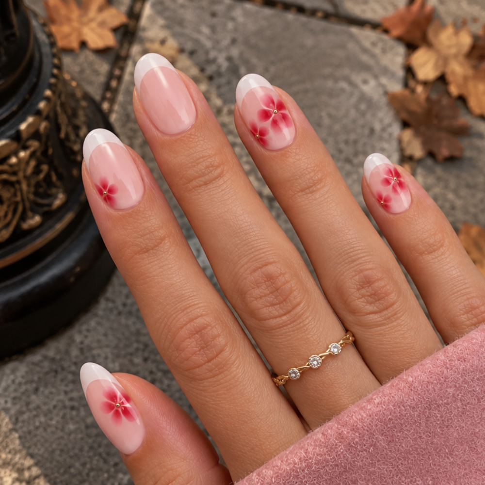 Ongle en gel ADDISON nude rosé à fleurs rouges : main ouverte près de feuilles d'automne