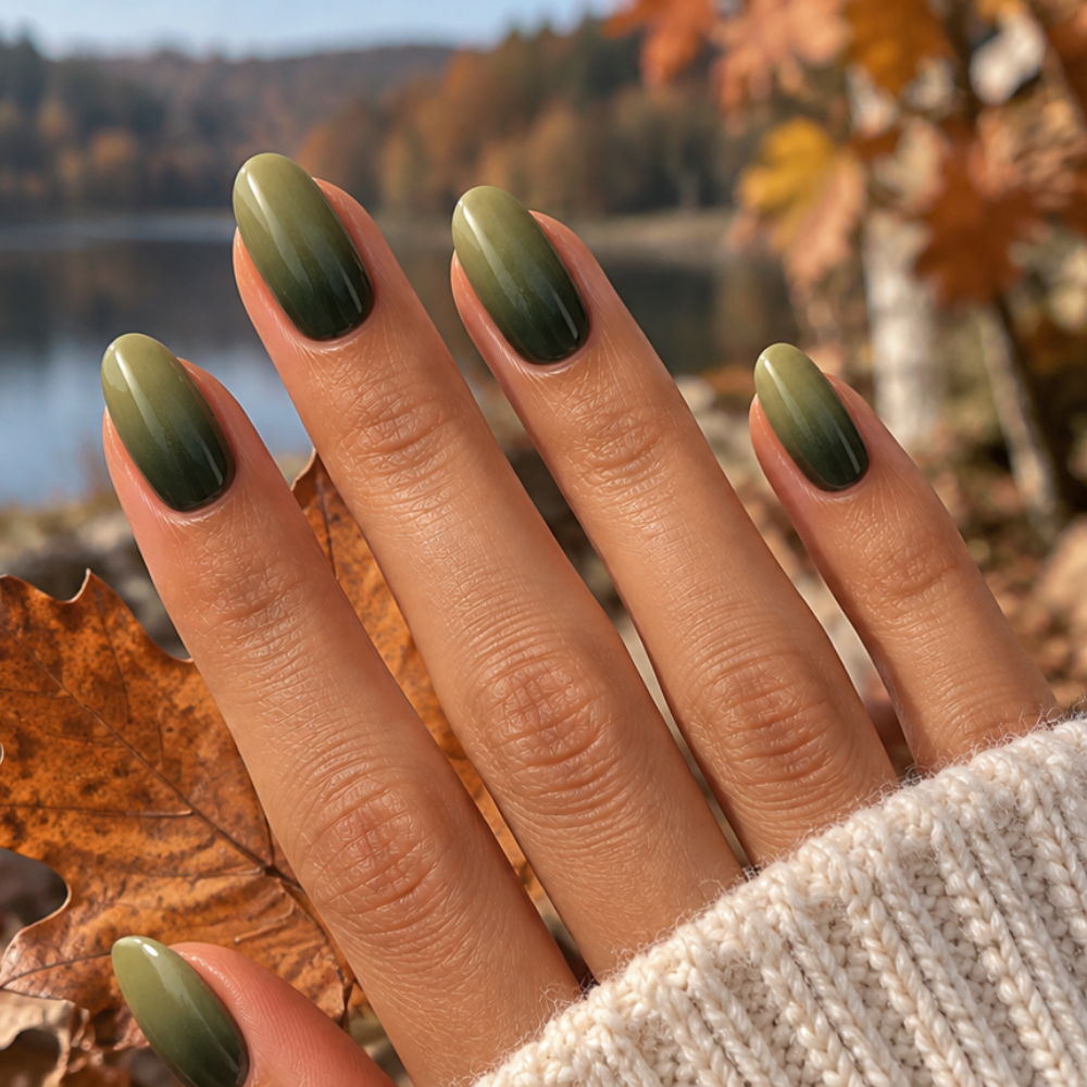 Ongle en gel PEYTON dégradé vert forêt et vert sauge : main ouverte en décor automnal