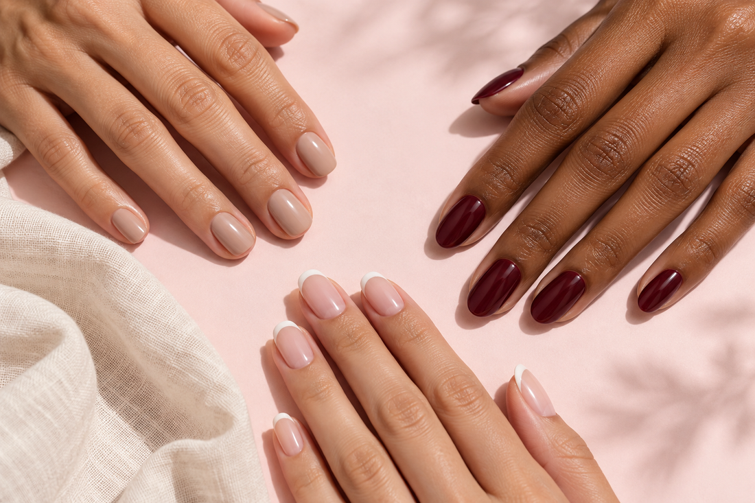 Inspiration de manucures nude, bordeaux et French pour choisir des stickers ongles en gel