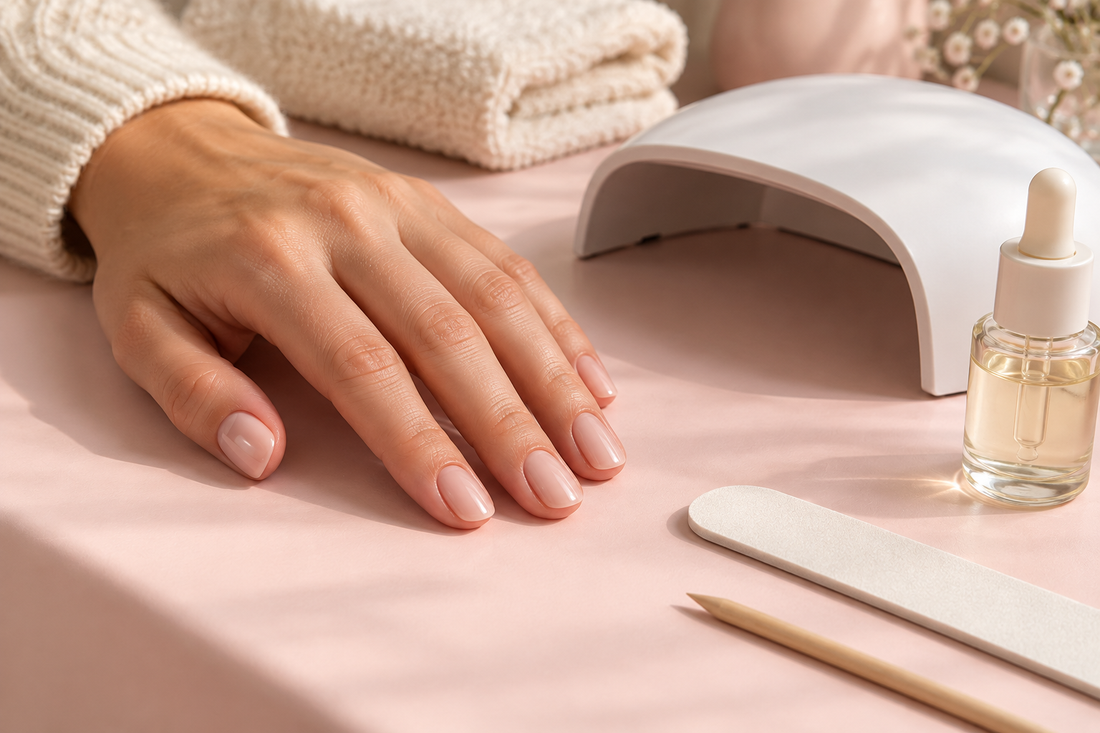 Inspiration manucure beige à la maison avec lime, bâtonnet et lampe éteinte