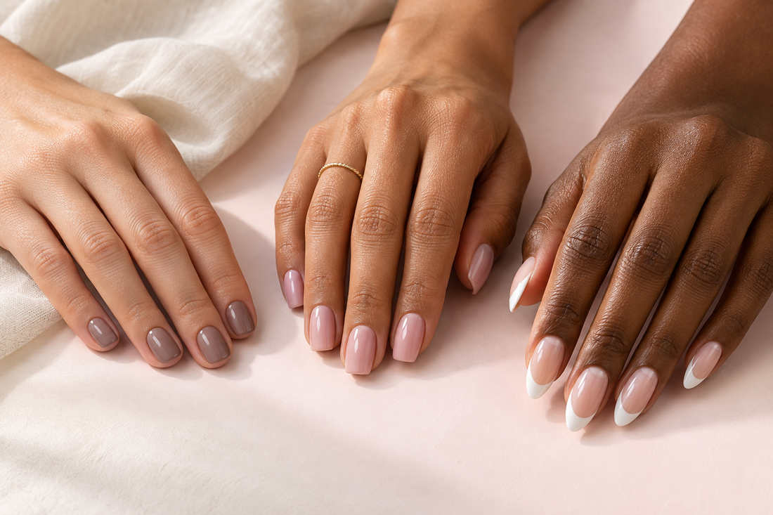 Inspiration de styles de manucure taupe, rose et French sur différentes longueurs
