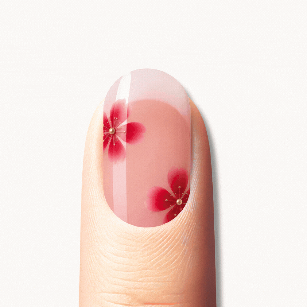 Ongle en gel ADDISON nude rosé à fleurs rouges : différents designs sur les doigts, puis la manucure complète