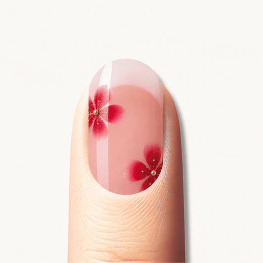 Ongle en gel ADDISON nude rosé à fleurs rouges : différents designs sur les doigts, puis la manucure complète