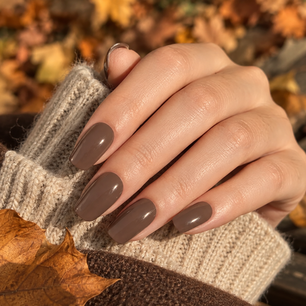 Ongle en gel BROOKE taupe chocolat uni : main pliée en décor automnal