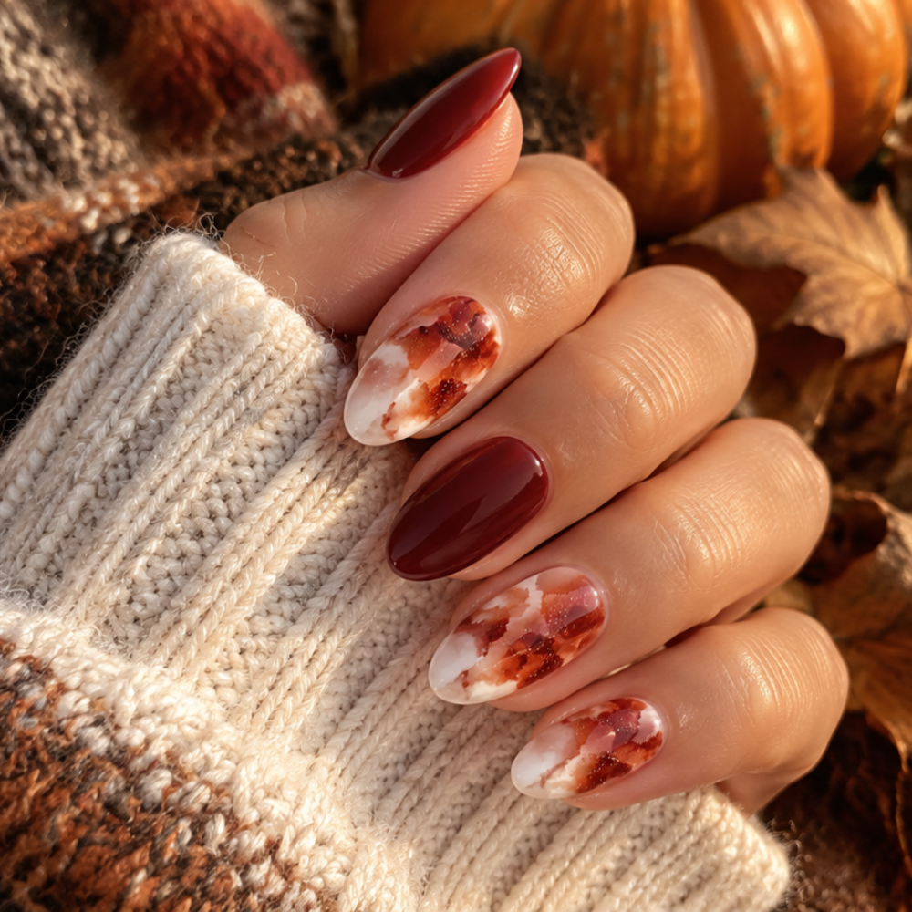 Ongle en gel HALEY bordeaux et marbré cuivré : main pliée en décor automnal