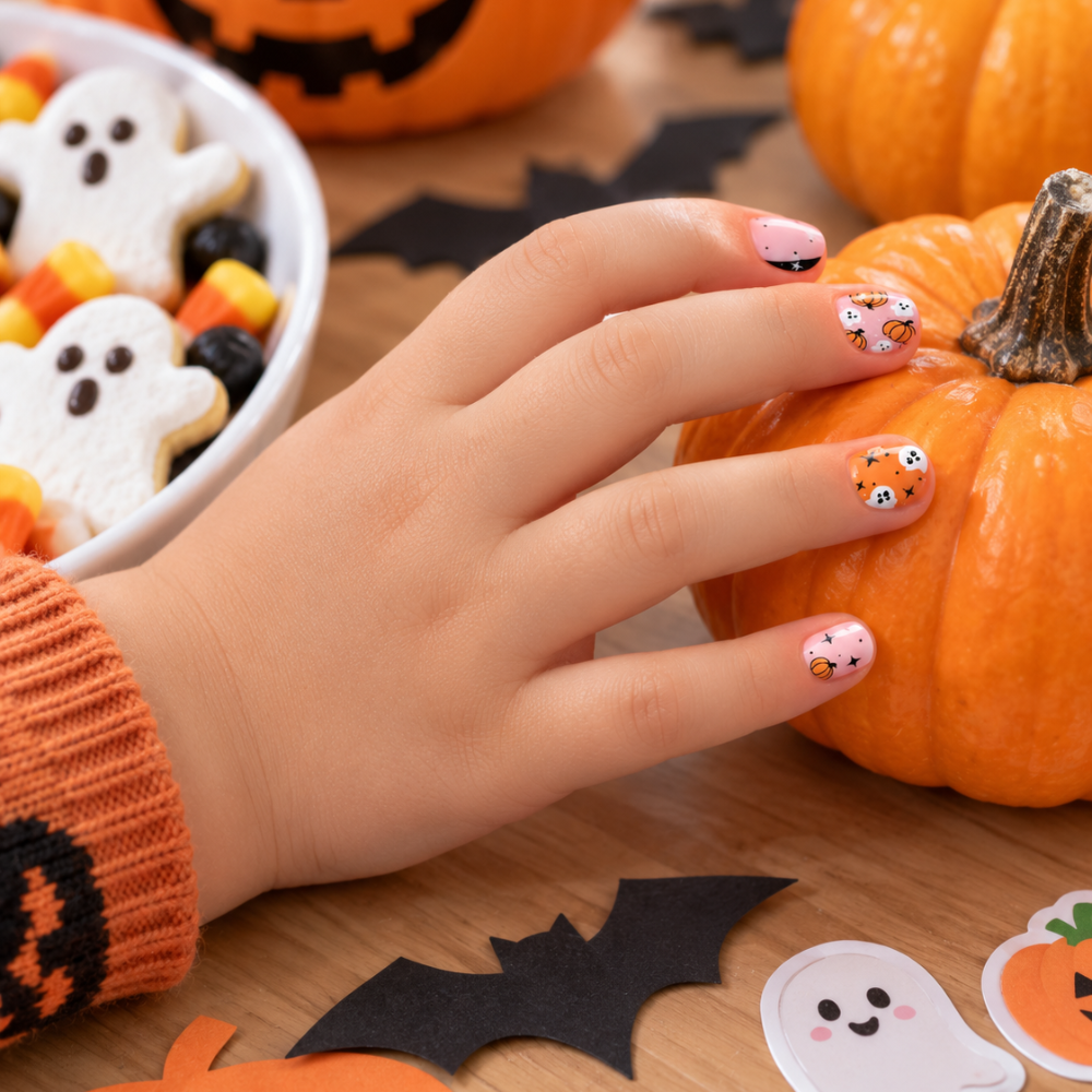 Sticker ongle enfant orange et rose Halloween