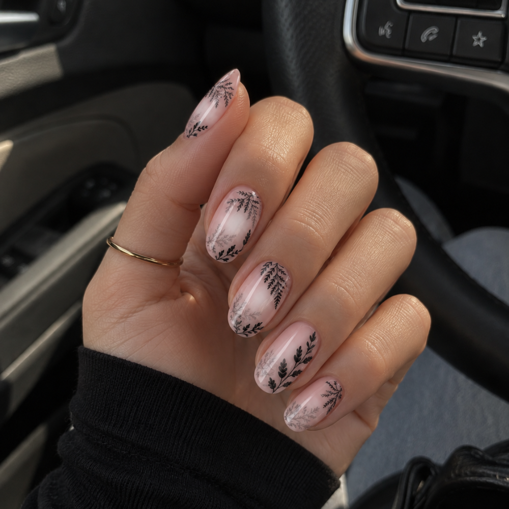 Ongle en gel HOPE nude rosé à feuillages noirs : main pliée à l'intérieur d'une voiture