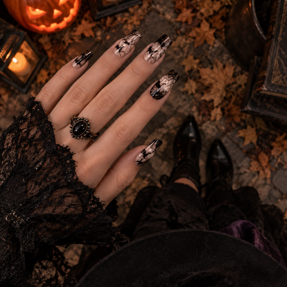 Ongles en gel beige noir toile d araignée