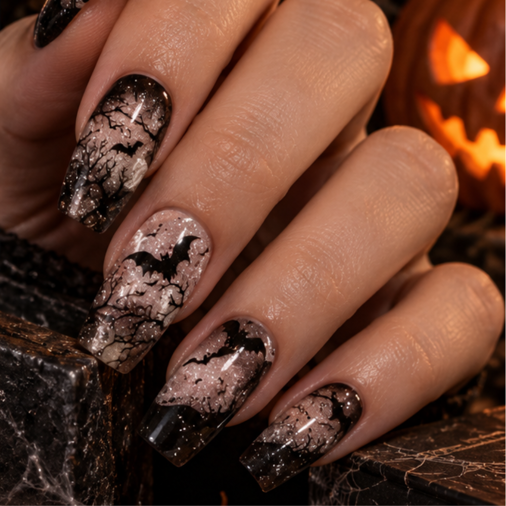 Manucure beige noire nail art Halloween