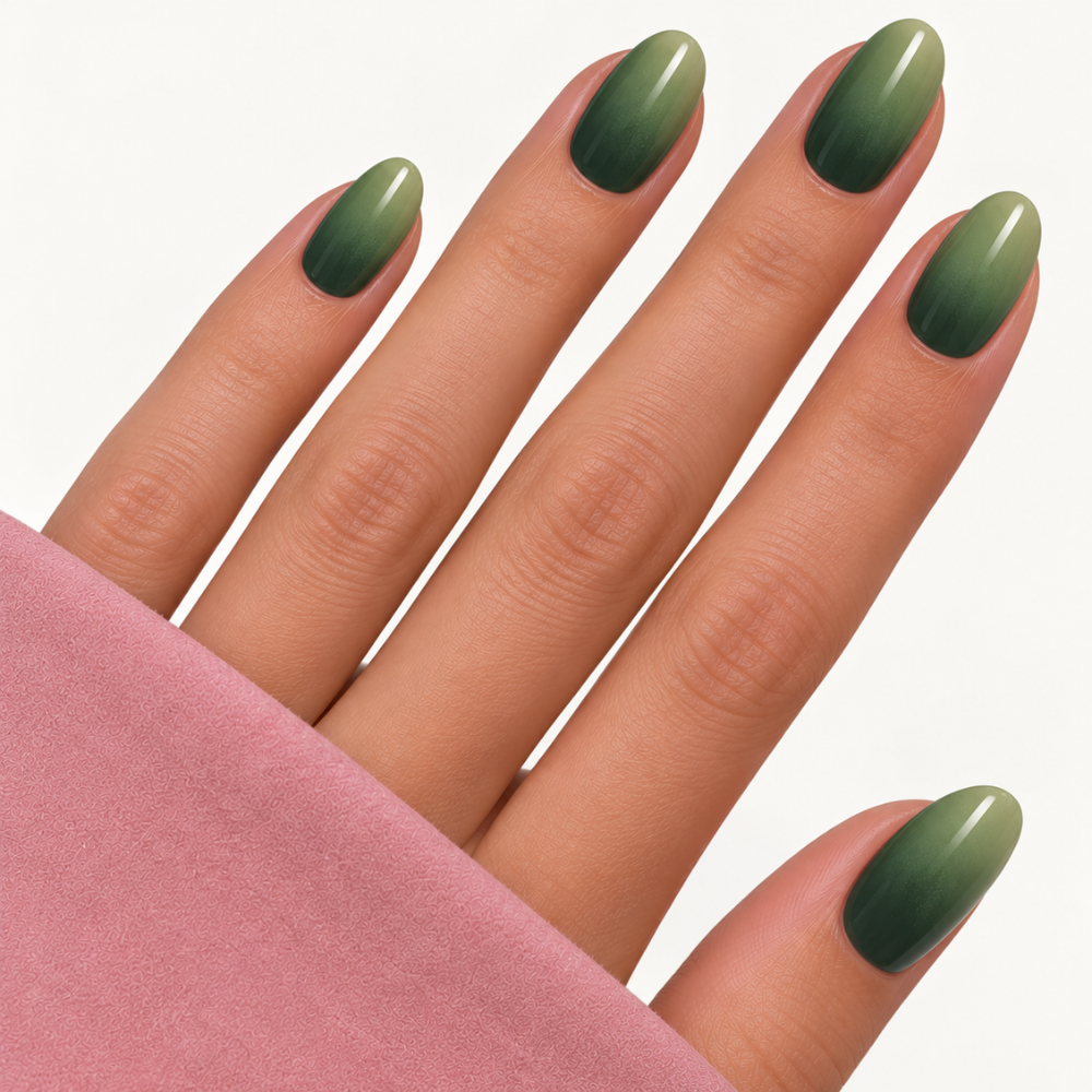 Ongle en gel PEYTON dégradé vert forêt et vert sauge : manucure complète sur fond clair