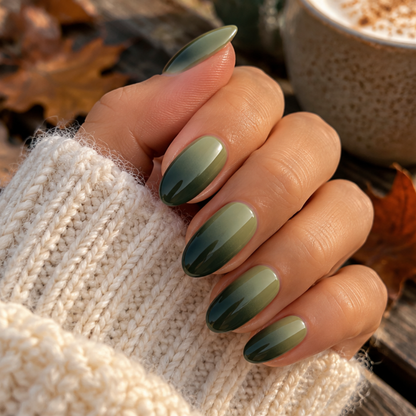 Ongle en gel PEYTON dégradé vert forêt et vert sauge : main pliée en décor automnal