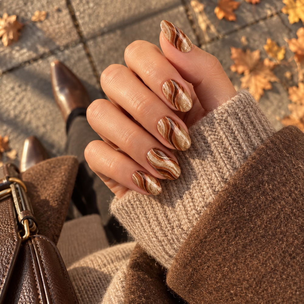 Ongle en gel RAVEN brun caramel marbré aux reflets dorés : main pliée en décor automnal