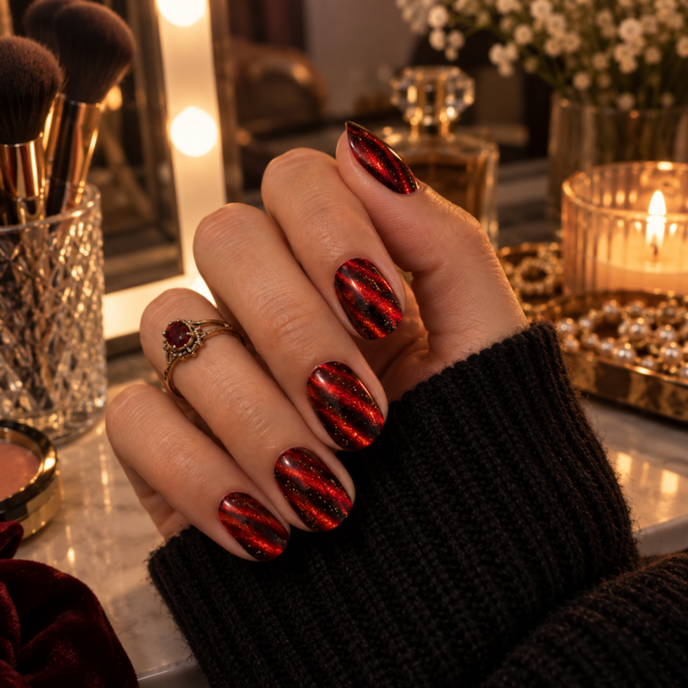 Manucure rouge pailletée Halloween